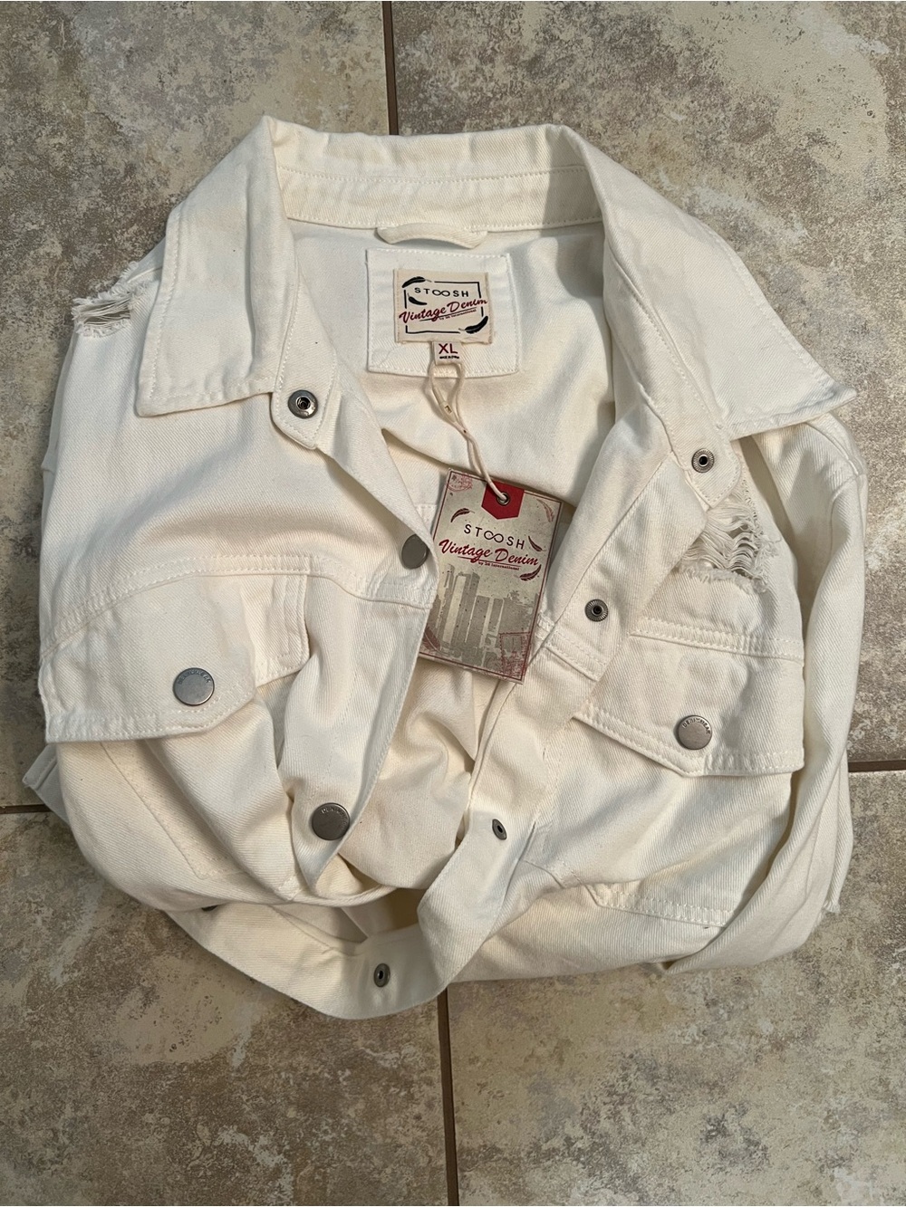 NWT Stoosh White Vintage Denim Jacket with Button Flap Pockets - Picture 3 of 3